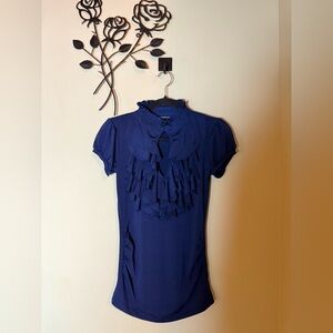 Charlotte Russe Key Hole Ruffle High Neck Navy Blouse Size XS